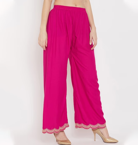 Women Magenta & Gold-Toned Hem Design Straight Palazzos